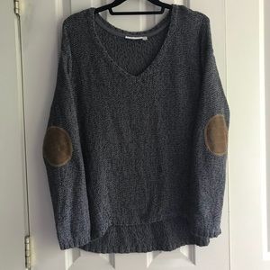 Grey Knit Sweater With Brown Elbow Patches